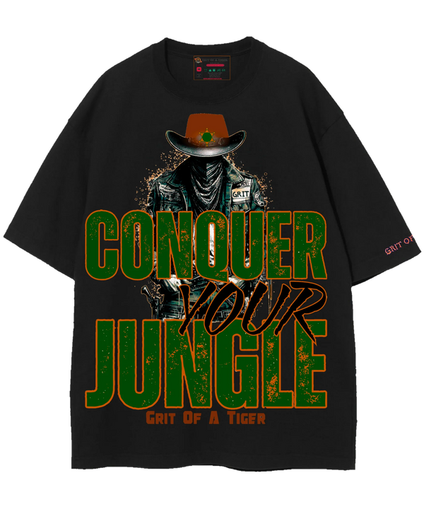 Back view of Conquer the Jungle black shirt, high-end cotton streetwear