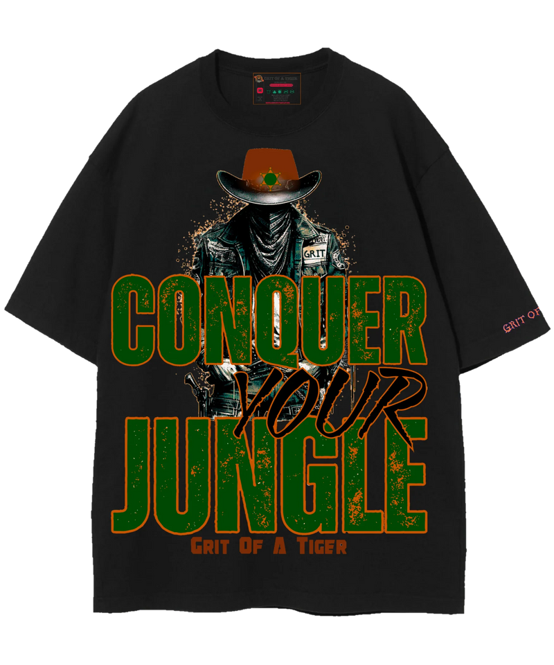 Back view of Conquer the Jungle black shirt, high-end cotton streetwear