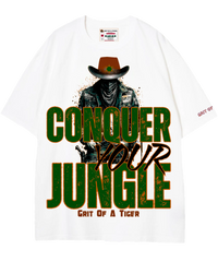 Detailed view of ‘Conquer the Jungle’ graphic on white savage luxury streetwear tee