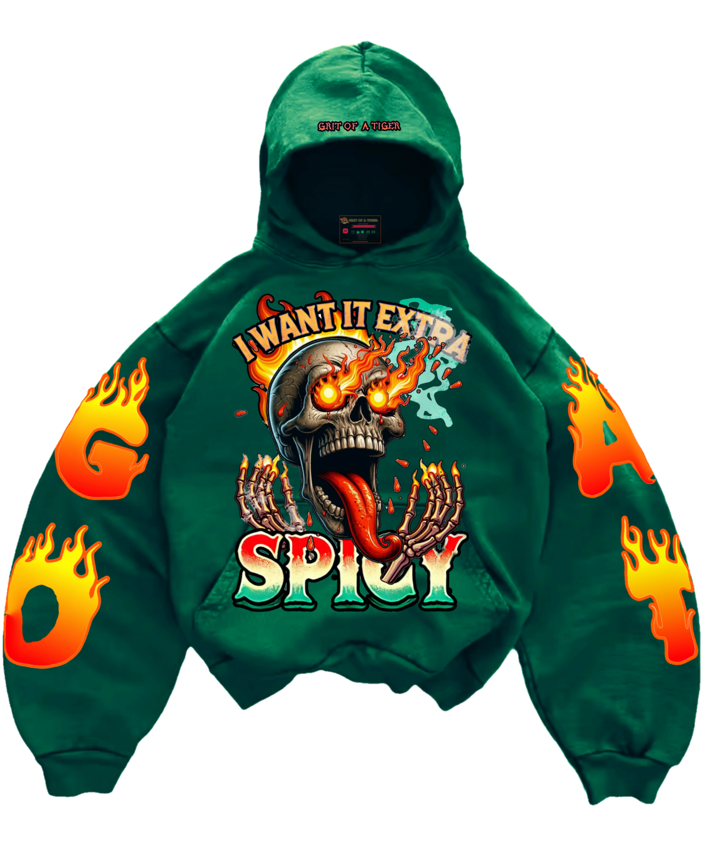 GRIT OF A TIGER Extra Spicy Hoodie modeled by someone who definitely has warrants.