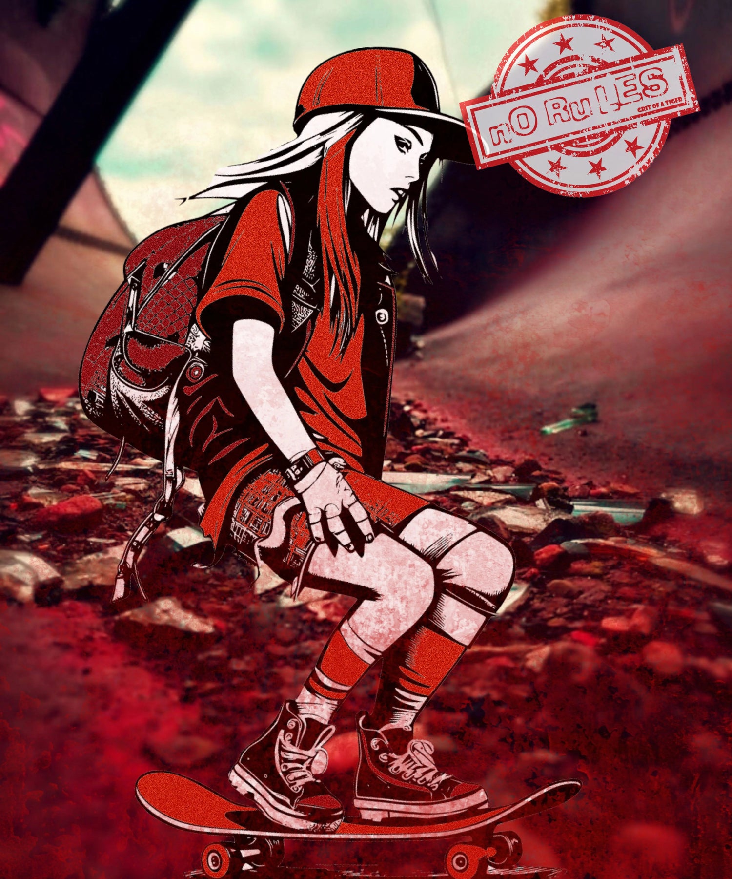 A person skating in a red rugged dirt