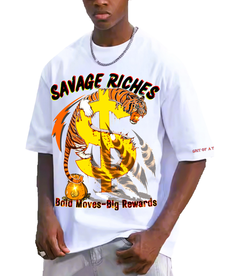 Savage Riches Drop Shoulder white T-Shirt | Luxury Streetwear Graphic Tee
