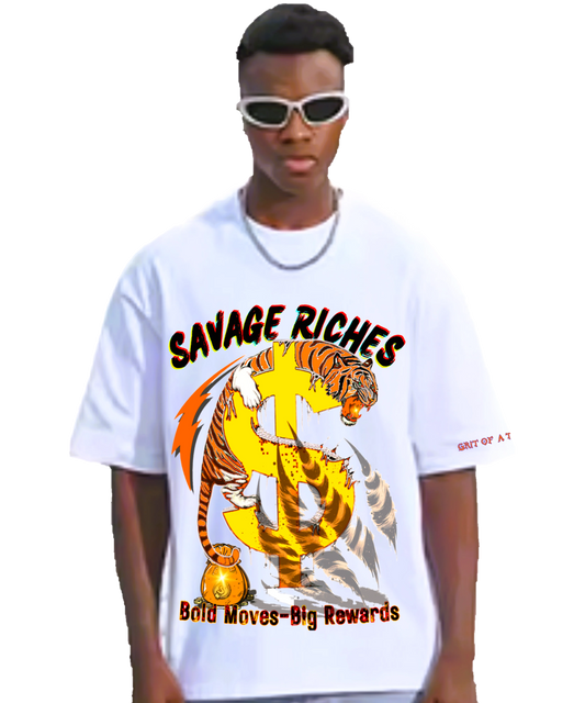 Savage Riches Drop Shoulder white T-Shirt | Luxury Streetwear Graphic Tee