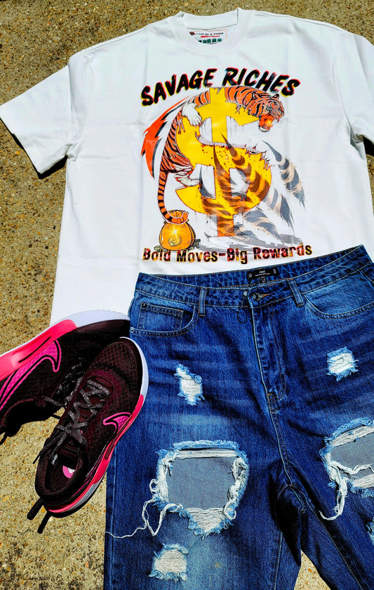 Savage Riches Drop Shoulder white T-Shirt | Luxury Streetwear Graphic Tee