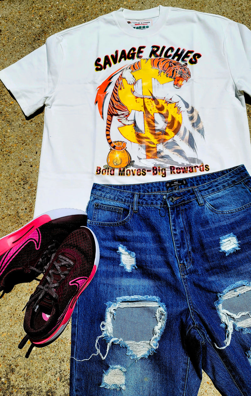 Savage Riches Drop Shoulder white T-Shirt | Luxury Streetwear Graphic Tee