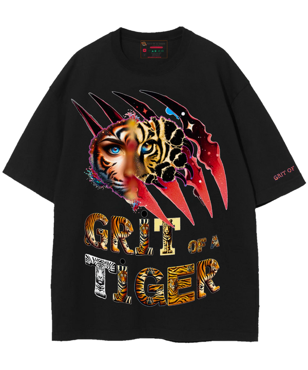 Unisex Drop Shoulder Tee with Grit of a Tiger Graphic | Streetwear black T-Shirt